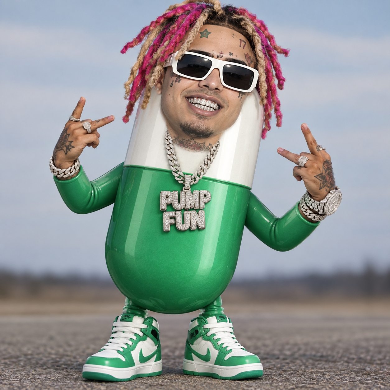 Lil PUMP mascot: a green capsule with pink dreadlocks, white sunglasses, diamond jewelry and green sneakers